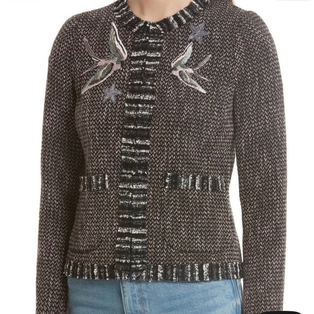 Rebecca Taylor Sz 4 Bird Embroidered Tweed Frayed Raw Hem Jacket Blazer Beaded - Picture 2 of 14